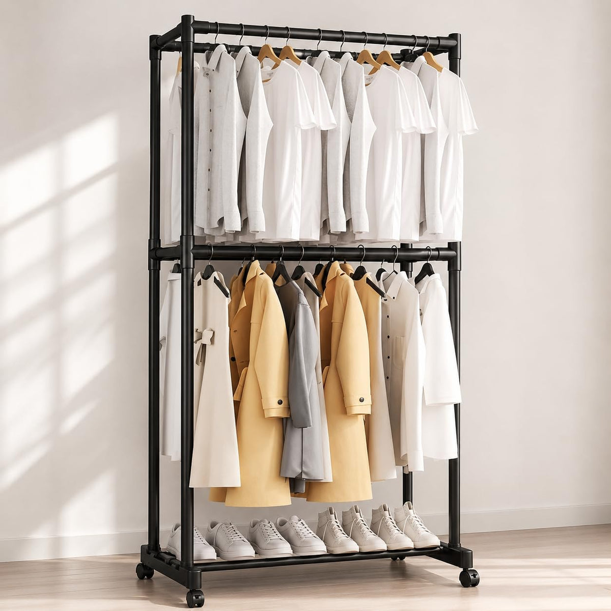 KRISHYAM® Double Rod Clothes Rack with Wheels 2 Tier Garment Rack with Bottom Shoe Shelf, Heavy Duty Metal Clothing Stand, Portable Coat Hanger Organizer for Bedroom (75 x 42 x 158 cm)