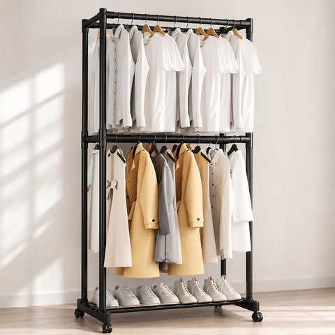 KRISHYAM® Double Rod Clothes Rack with Wheels 2 Tier Garment Rack with Bottom Shoe Shelf, Heavy Duty Metal Clothing Stand, Portable Coat Hanger Organizer for Bedroom (75 x 42 x 158 cm)