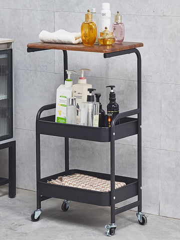 KriShyam ®Rolling Storage Organizer with Wooden Tabletop, Metal Utility, Lockable Wheels for Kitchen, Office, Bedroom (2-Layer Square with Wooden Top)