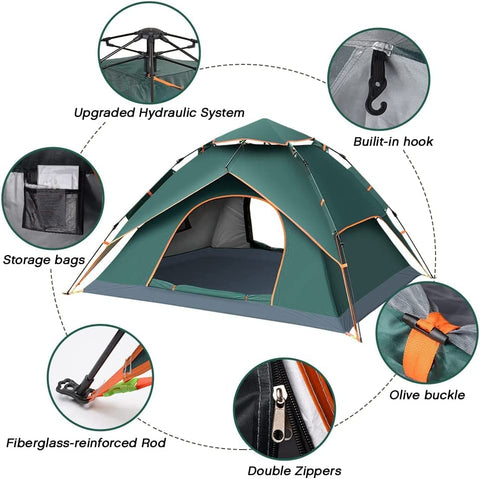 KRISHYAM® Automatic Camping Tent for 3-4 Person, Double Door Waterproof 3000mm Dome Tent with Anti-UV Protection, 210D Oxford Fabric, Portable Wind-Resistant Family Tent for Camping, Hiking, Beach & Travel