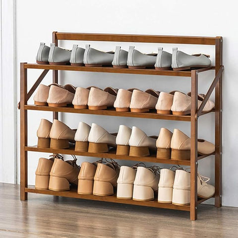 Krishyam® 4-Tier Free Standing Shoe Racks, Stackable Bamboo Wood Shoe Rack Durable Shoe Shelf Holder, Functional Sturdy Shoe Organizer (4 Folding Shelves Bamboo)