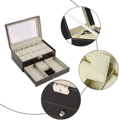KriShyam® Men and Women Watch Box/Watch Case/Organizer/Storage box(Double Layer (12 slot watch + jewelry organizer)