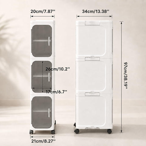 KRISHYAM® 3 Door Slim Storage Cabinet with Wheels, Multipurpose Plastic Organizer with Transparent Doors, Removable Shelves, Magnetic Closure & Top Tray White