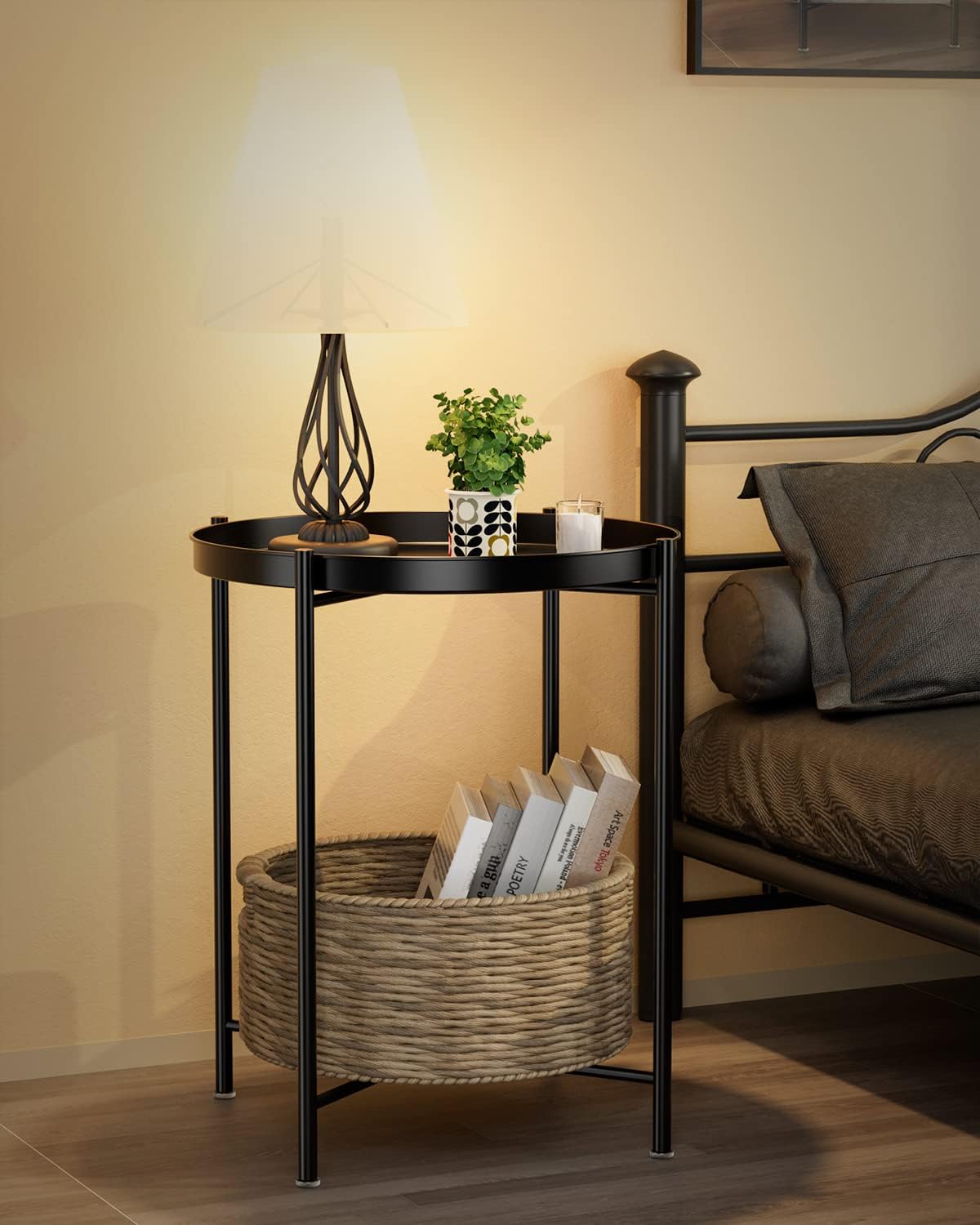 KRISHYAM® Foldable Round Side Table with Removable Tray Top, 47 cm Metal Tray Table with Collapsible X-Frame & Anti-Slip Feet, Bedside End Coffee Table for Sofa, Living Room & Bedroom, Black