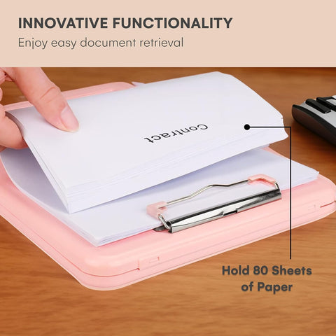 KriShyam® A4 Clipboard with Storage,Storage Clipboard with Clip,Slim Lightweight Plastic Study Writing Pad Foldable with Pen Holder & Document Compartment (Black, white, Pink)