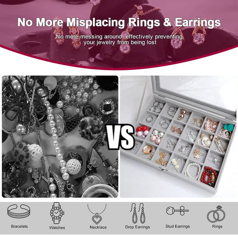 KriShyam® Earring Storage Case 24 Compartments Ring Velvet Display Case Box Earring Ring Organizer Velvet Jewelry Tray Cufflink Storage Showcase with Clear Glass Lid (Grey)