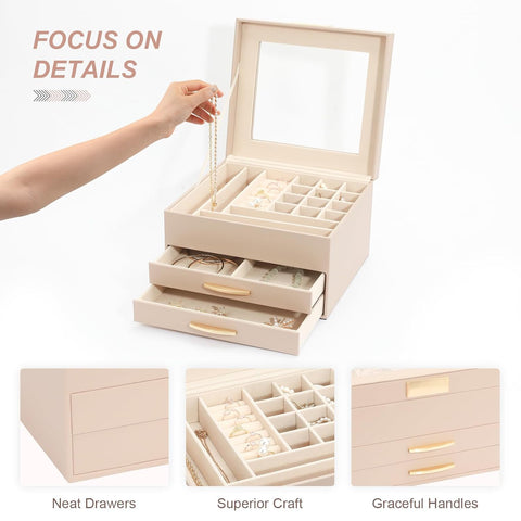 Krishyam® Clear Lid Jewelry Box,3 Layers Jewelry Organizer with 2 Drawers Large Multi-Functional Jewelry Storage Box for Necklace Earrings Bracelets Rings