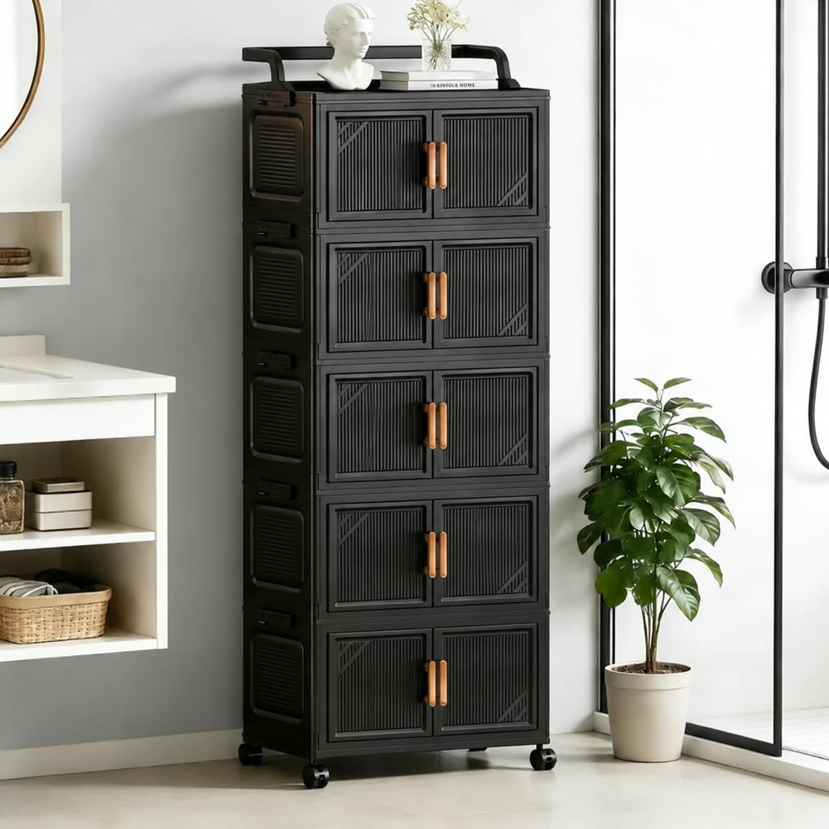 KRISHYAM® 5-Tier Plastic Storage Cabinet with Wheels, Water-Resistant Modular Clothes Organizer for Bedroom, Bathroom & Home, 133 x 46 x 27 cm, Black