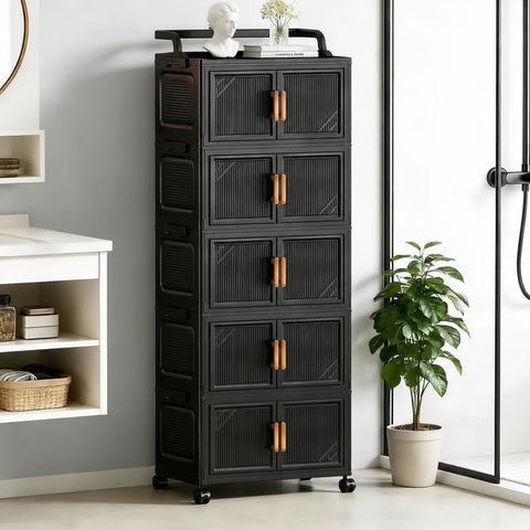 KRISHYAM® 5-Tier Plastic Storage Cabinet with Wheels, Water-Resistant Modular Clothes Organizer for Bedroom, Bathroom & Home, 133 x 46 x 27 cm, Black