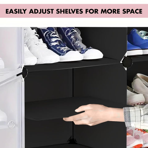 KRISHYAM® 12 Cube Modular Shoe Rack Cabinet with Doors & Side Hooks, Large Stackable Plastic Shoe Storage Organizer for Entryway, Bedroom & Closet, Space Saving (12 Door 24 Step (Black & White and simple White))