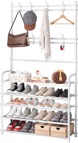 KriShyam® 3-in-1 Entryway Coat Rack & Shoe Bench – Hooks and Shelves for Hats, Coats, and Umbrellas – Stylish Black Multifunctional Organizer (5 - Tier )