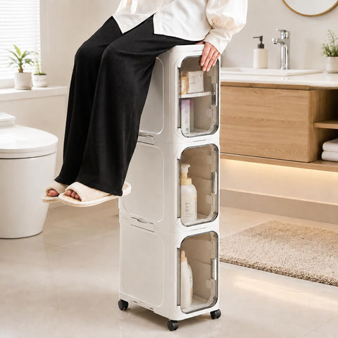 KRISHYAM® 3 Door Slim Storage Cabinet with Wheels, Multipurpose Plastic Organizer with Transparent Doors, Removable Shelves, Magnetic Closure & Top Tray White