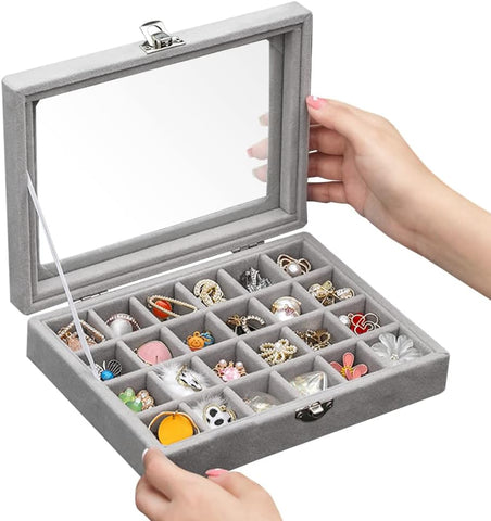 KriShyam® Earring Storage Case 24 Compartments Ring Velvet Display Case Box Earring Ring Organizer Velvet Jewelry Tray Cufflink Storage Showcase with Clear Glass Lid (Grey)