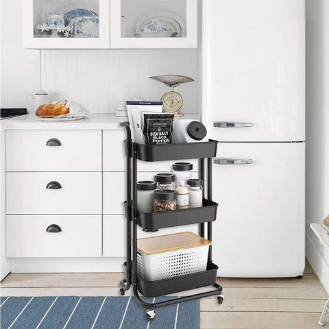 KriShyam ® Rolling Storage Organizer with Wooden Tabletop, Metal Utility, Lockable Wheels for Kitchen, Office, Bedroom (3-Layer Square with Handle)