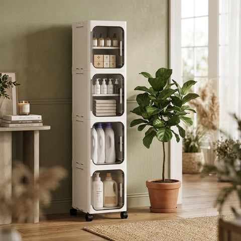 KRISHYAM® 4 Door Slim Plastic Storage Cabinet with Wheels, Narrow Multipurpose Organizer with Transparent Doors, Removable Shelves & Magnetic Closure White