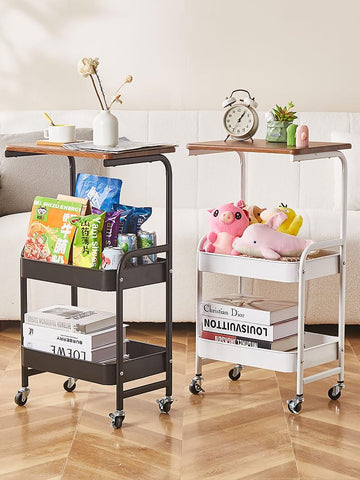 KriShyam ®Rolling Storage Organizer with Wooden Tabletop, Metal Utility, Lockable Wheels for Kitchen, Office, Bedroom (2-Layer Square with Wooden Top)