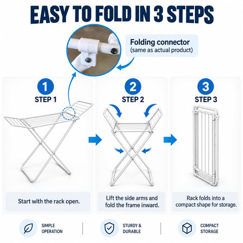 KRISHYAM® Foldable Clothes Drying Rack with Wings, Lightweight Metal Laundry Stand, X-Frame Drying Stand with Anti-Slip Feet for Indoor, Balcony & Home,(146 x 50 x 88 cm), White