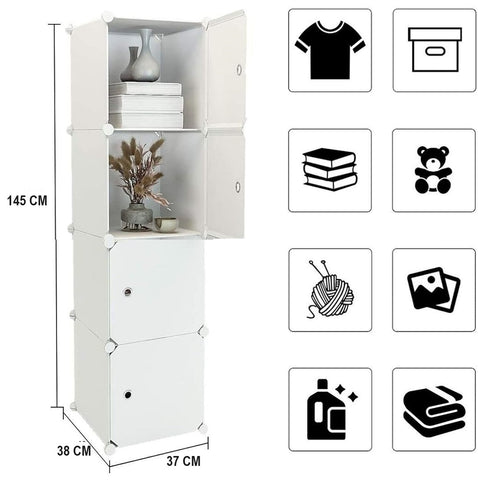 KRISHYAM® Kids Modular Storage Cabinet with White Doors, 4 Cube Plastic Wardrobe Organizer, DIY Closet System with Hanging Rod, Toy & Clothes Storage (White, 4 Box)
