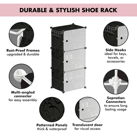 KRISHYAM® Plastic Shoe Rack for Home with Door | Modular Stackable Shoe Organizer | Waterproof & Dustproof Shoe Storage Rack for Bedroom, Entryway & Closet | 3 Door 6 Step (Black)
