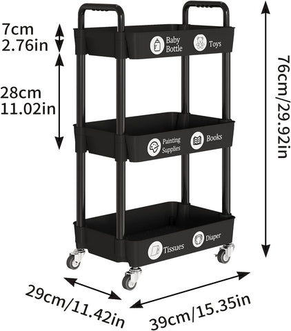 KriShyam ® 3 Tier Metal Rolling Cart with Wheels, Rolling Utility Cart Storage Organizer with Hooks, Easy Assemble for Kitchen, Bathroom, Living Room, Office, Nursery, Garage (Black)