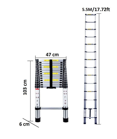 KriShyam® Telescopic Ladder,5.5M/18ft Stainless Steel Lightweight Telescoping Ladders, Multi-Purpose Compact Extension Ladder for Indoor or Outdoor Working, 150Kg Capacity