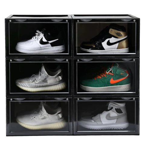 KRISHYAM® Shoe Box Storage Display Box Plastic Foldable Stackable Plastic Shoe Box, As Shoe Box Storage Containers and Shoe Organizer Containers with Lids for Women/Men(Black) (Pack of 6)