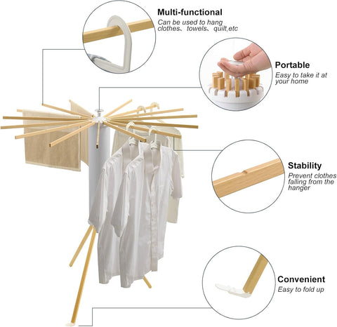 KRISHYAM® 16 Stick Clothes Drying Rack - Portable Indoor/Outdoor Laundry Airer | Space-Saving Tripod Design | Natural Bamboo & White Finish (16 Stick-White & Wooden)