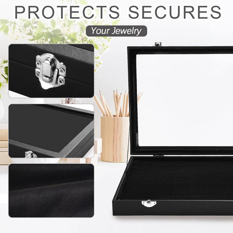 KriShyam® Fabric Glass Jewelry Ring Display Box Tray Holder Storage Box Organizer Display Storage Showcase Holder Organizer, Fabric Glass Tray Holder Storage Box Organizer (Black)