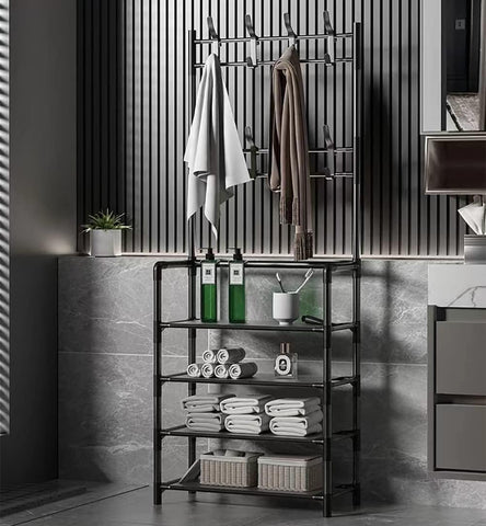 KriShyam® 3-in-1 Entryway Coat Rack & Shoe Bench – Hooks and Shelves for Hats, Coats, and Umbrellas – Stylish Black Multifunctional Organizer (4-TIER)