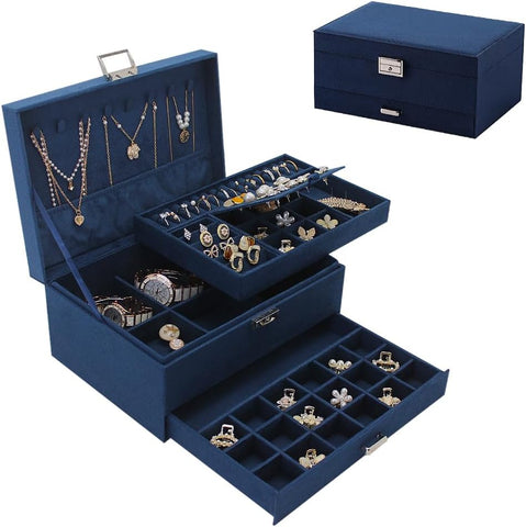 KRISHYAM® 3-Layer Velvet Jewelry Storage Box with Lock – Multi-Compartment Organizer Case for Rings, Earrings, Bracelets, Necklaces & Watches (Blue)