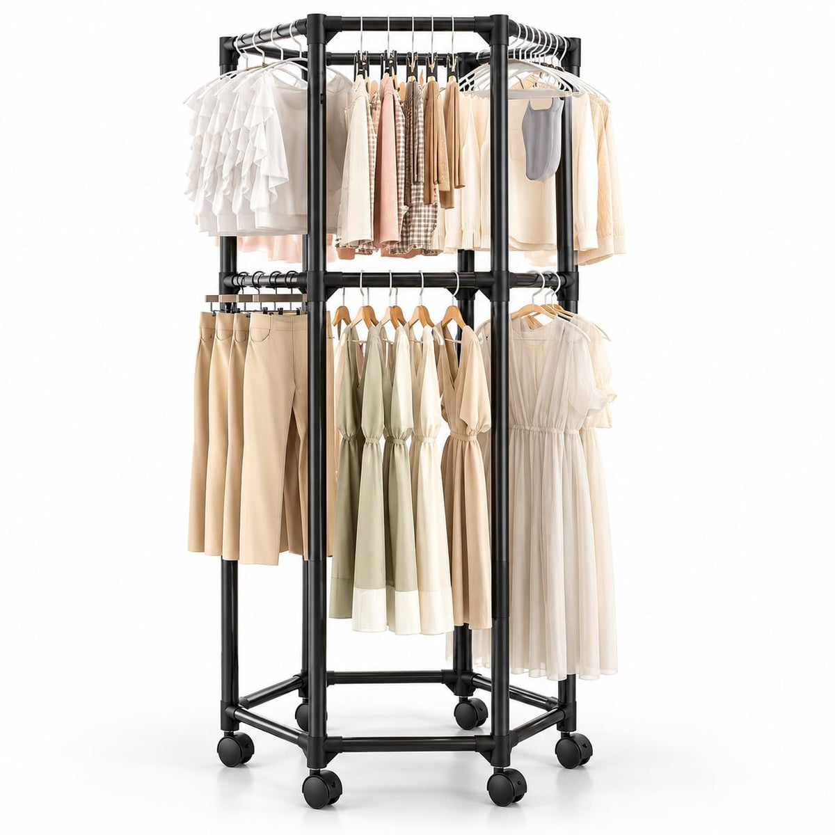 KRISHYAM® 2-Tier Mobile Clothes Garment Rack with 6 Wheels, Double Hanging Rail Portable Wardrobe Organizer for Bedroom, Laundry & Balcony, 83 x 72 x 167 cm, Black