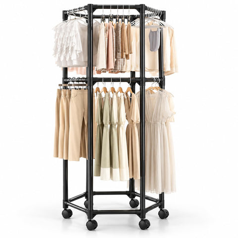 KRISHYAM® 2-Tier Mobile Clothes Garment Rack with 6 Wheels, Double Hanging Rail Portable Wardrobe Organizer for Bedroom, Laundry & Balcony, 83 x 72 x 167 cm, Black
