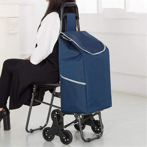 KRISHYAM Folding Shopping Trolley with Seat Shopping Cart Grocery Cart with Seat Cloth Bag and 6 Wheel Utility Shopping Cart for Easy Storage (Blue