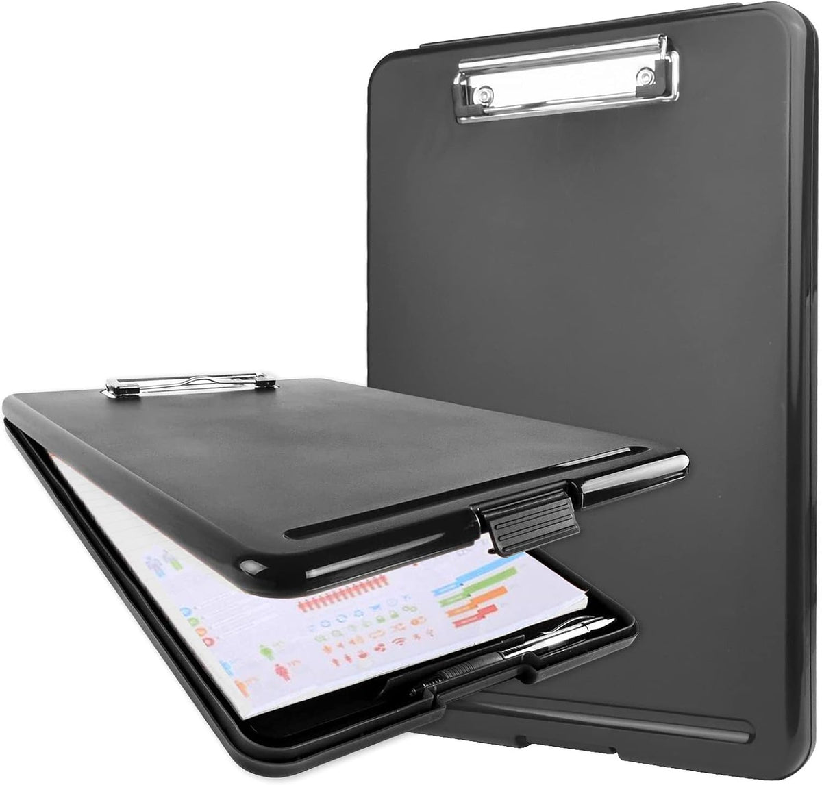 KriShyam® A4 Clipboard with Storage,Storage Clipboard with Clip,Slim Lightweight Plastic Study Writing Pad Foldable with Pen Holder & Document Compartment (Black, white, Pink)
