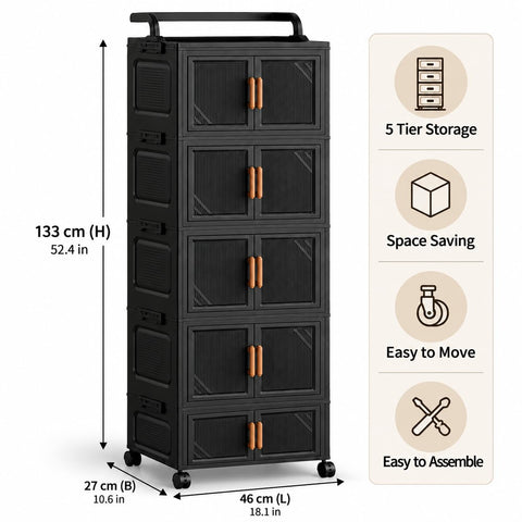 KRISHYAM® 5-Tier Plastic Storage Cabinet with Wheels, Water-Resistant Modular Clothes Organizer for Bedroom, Bathroom & Home, 133 x 46 x 27 cm, Black