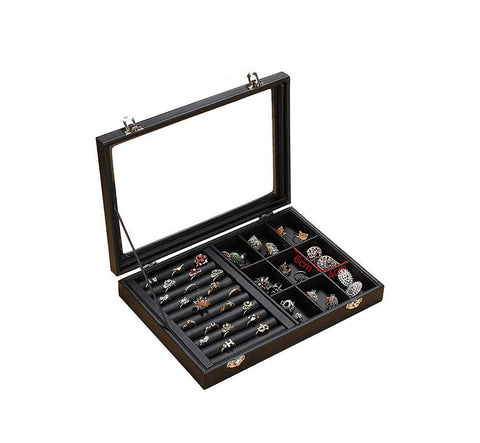 LockWomen ஜூவல்லரி ஸ்டோரேஜ் பேக்கேஜிங்குடன் கூடிய கிரிஷ்யாம்® மூடி நகைப் பெட்டி அமைப்பாளர் (9 வரிசைகள் காதணி மோதிரம் கேஸ் 9 கிரிட்) பெண்கள்/பெண்களுக்கான நகை சேமிப்பு பெட்டி (2 இல் 1)