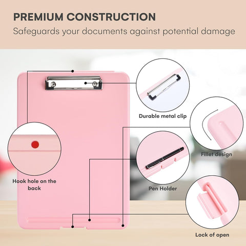 KriShyam® A4 Clipboard with Storage,Storage Clipboard with Clip,Slim Lightweight Plastic Study Writing Pad Foldable with Pen Holder & Document Compartment (Black, white, Pink)