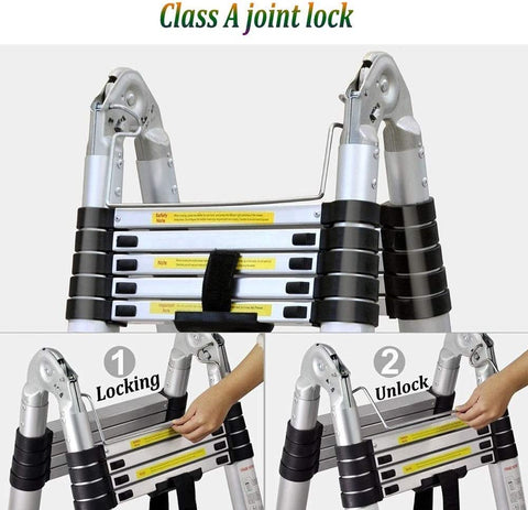 KRISHYAM® 1.9M+1.9M/3.8M/12.5FT அலுமினியம் தொலைநோக்கி நீட்டிப்பு ஏணி, A-Frame Telescopic Ladder போர்ட்டபிள் ஃபோல்டிங் லேடர் வெளிப்புற மற்றும் வீட்டிற்கான ஆண்டி-ஸ்லிப் ஆதரவு பட்டையுடன் வேலை செய்கிறது