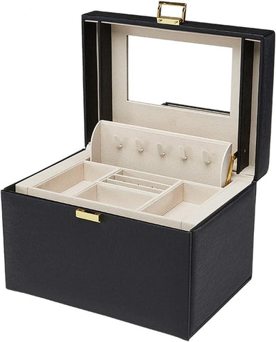 KRISHYAM® Jewelry Box, 4 Layer Leather Jewelry Boxes, Jewelry Organizer with Mirror and Lock for Girls Women Bracelets Rings Necklaces Earrings (Black, Green, Pink, White)