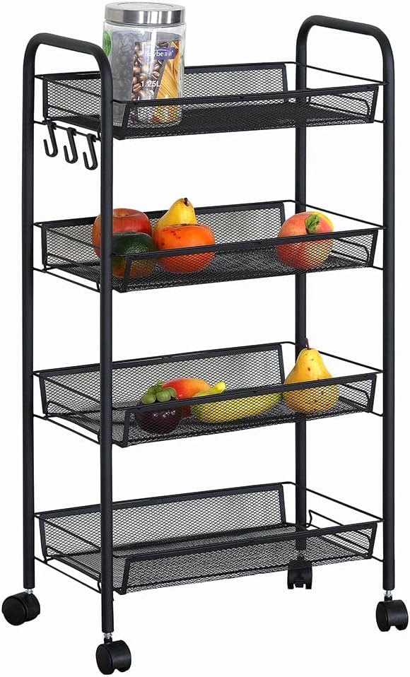 KriShyam ® Rolling Storage Organizer with Wooden Tabletop, Metal Utility, Lockable Wheels for Kitchen, Office, Bedroom (4-Layer Rectangular)