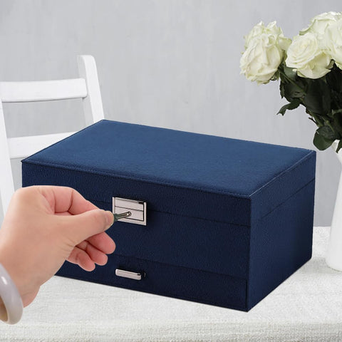 KRISHYAM® 3-Layer Velvet Jewelry Storage Box with Lock – Multi-Compartment Organizer Case for Rings, Earrings, Bracelets, Necklaces & Watches (Blue)
