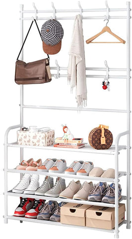 KriShyam® 3-in-1 Entryway Coat Rack & Shoe Bench – Hooks and Shelves for Hats, Coats, and Umbrellas – Stylish Black Multifunctional Organizer (4-TIER)