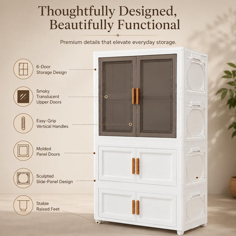 KRISHYAM® 3-Tier Plastic Storage Cabinet with 1 Door Smoky Translucent Upper Doors, Multipurpose Clothes Organizer for Bedroom, Kids Room & Home, 127 x 69 x 35 cm, White Grey