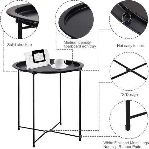 KRISHYAM® Foldable Round Side Table with Removable Tray Top, 47 cm Metal Tray Table with Collapsible X-Frame & Anti-Slip Feet, Bedside End Coffee Table for Sofa, Living Room & Bedroom, Black
