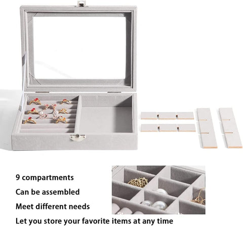 KriShyam® Jewelry Boxes with Glass Lids, 9 Grids Jewelry Storage Organizer Jewelry Box Women Travel Jewelry Box, Necklace Earrings Ring Jewelry Box, Clear Jewelry Storage Box