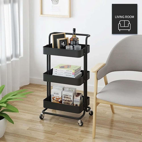 KriShyam ® Rolling Storage Organizer with Wooden Tabletop, Metal Utility, Lockable Wheels for Kitchen, Office, Bedroom (3-Layer Square with Handle)