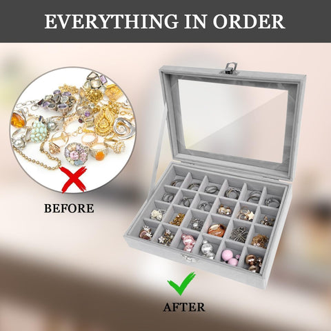 KriShyam® Earring Storage Case 24 Compartments Ring Velvet Display Case Box Earring Ring Organizer Velvet Jewelry Tray Cufflink Storage Showcase with Clear Glass Lid (Grey)