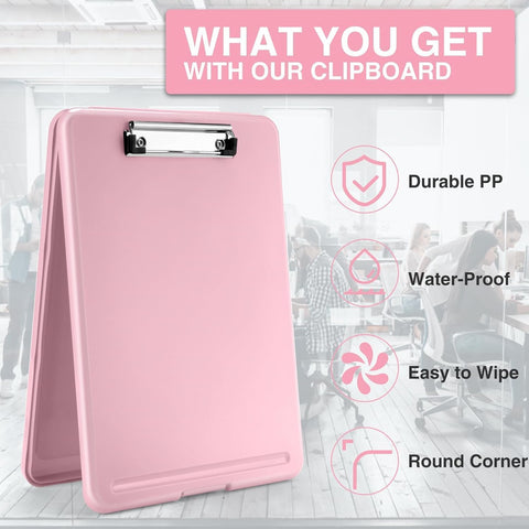 KriShyam® A4 Clipboard with Storage,Storage Clipboard with Clip,Slim Lightweight Plastic Study Writing Pad Foldable with Pen Holder & Document Compartment (Black, white, Pink)