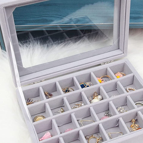 KriShyam® Earring Storage Case 24 Compartments Ring Velvet Display Case Box Earring Ring Organizer Velvet Jewelry Tray Cufflink Storage Showcase with Clear Glass Lid (Grey)