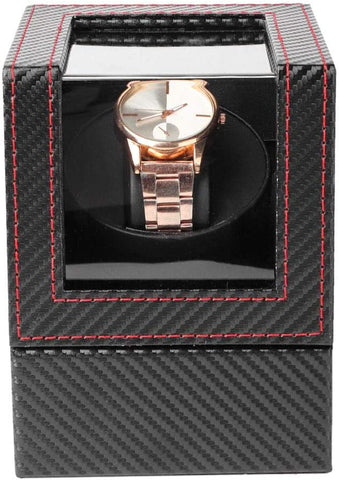 KriShyam® Single Watch Winder for Automatic Watches, Carbon Fiber Leather Automatic Watch Winder, Silent Motor, Transparent Glass Window, Double Ball Bearing Wristwatch Display Case Box